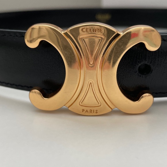 Celine Triomphe Black Leather Belt with Gold Logo Buckle - Picture 2 of 6